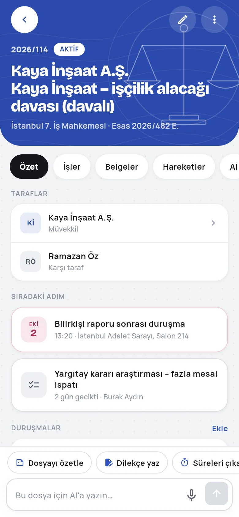 Dosya ayrıntısı: künye, taraflar, sıradaki adım ve dosya için yapay zekâ işleri