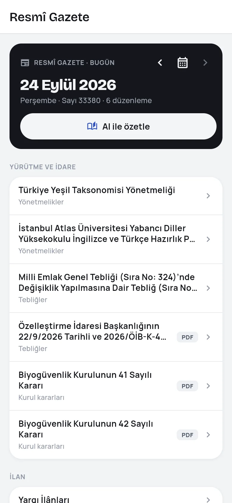 Resmî Gazete ekranı: günün düzenlemeleri bölüm bölüm